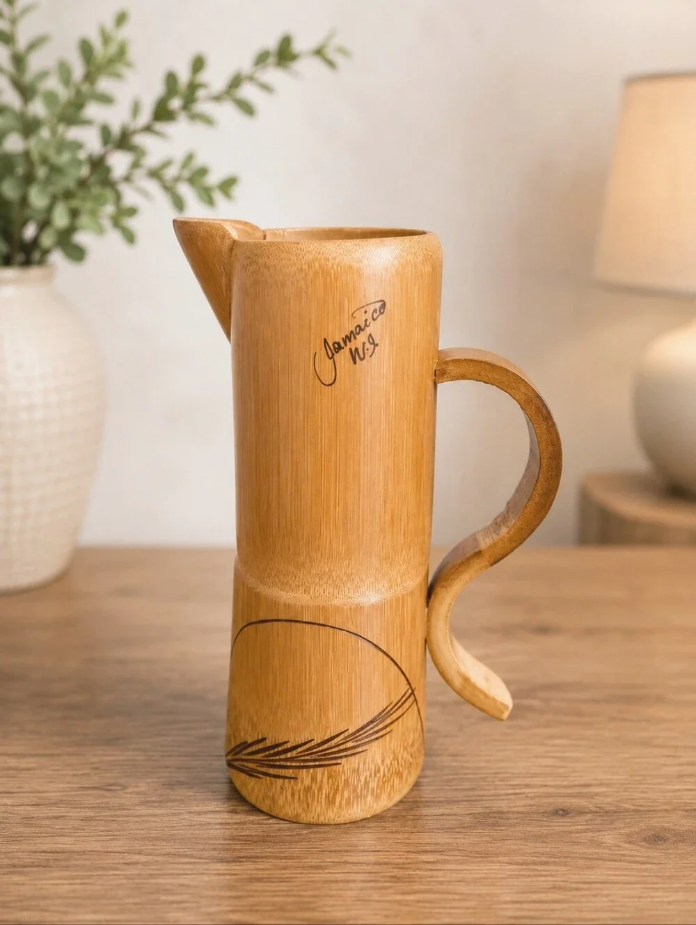 Vintage Jamaica Bamboo Drink Set Pitcher & 6 Cups Handcrafted Tropical Barware